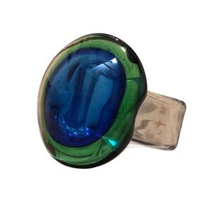 Blue and Green Resin Lucite “Glass” Statement Circular Gem Ring
